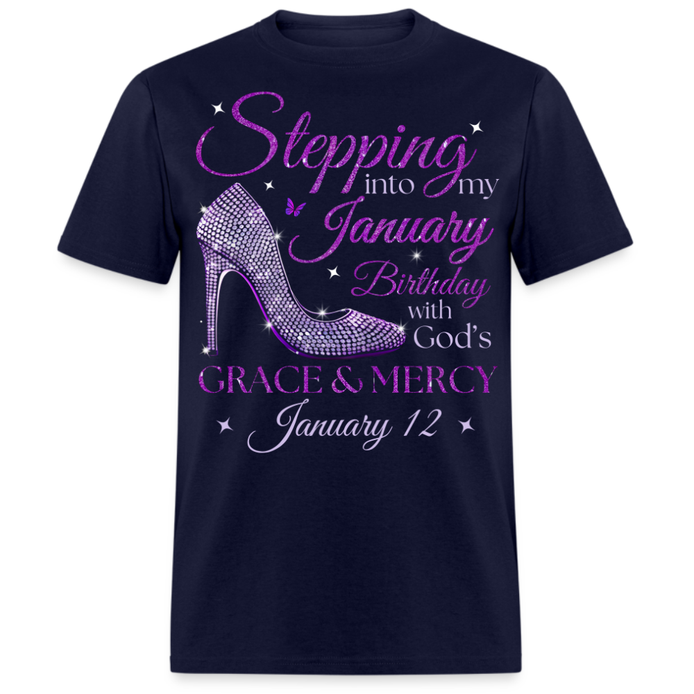 PURPLE STEPPING INTO MY JANUARY 12 BDAY WITH GOD'S GRACE UNISEX SHIRT