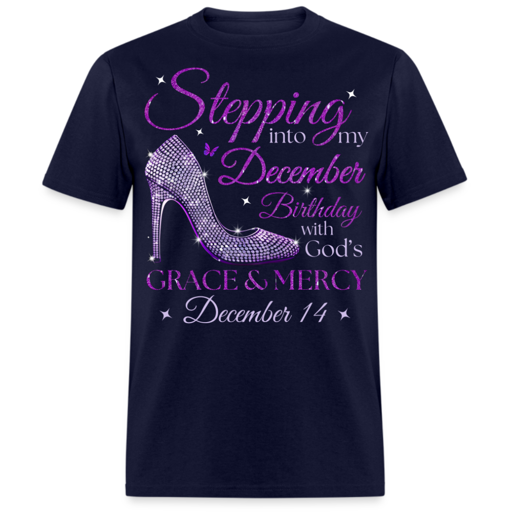 PURPLE STEPPING INTO MY DECEMBER 14 BDAY WITH GOD'S GRACE UNISEX SHIRT