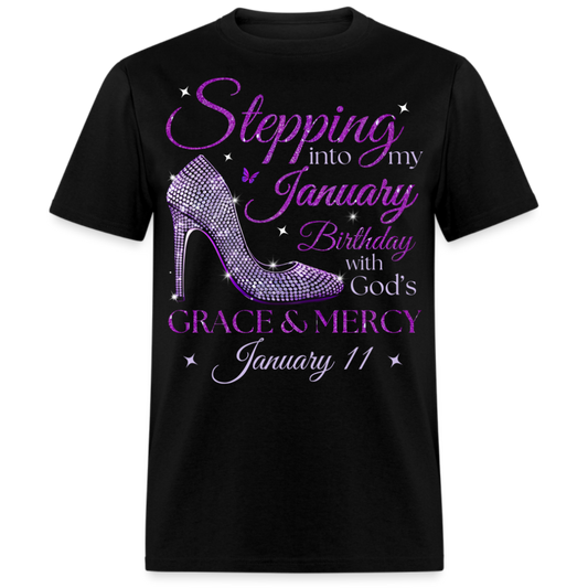 PURPLE STEPPING INTO MY JANUARY 11 BDAY WITH GOD'S GRACE UNISEX SHIRT