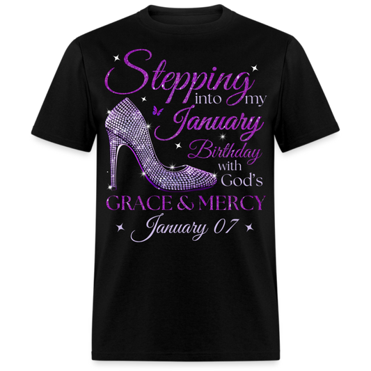 PURPLE STEPPING INTO MY JANUARY 07 BDAY WITH GOD'S GRACE UNISEX SHIRT