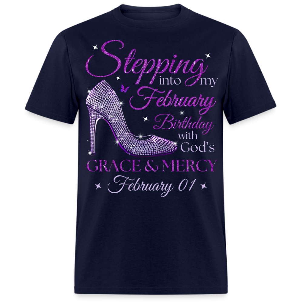 PURPLE STEPPING INTO MY FEBRUARY 01 BDAY WITH GOD'S GRACE UNISEX SHIRT